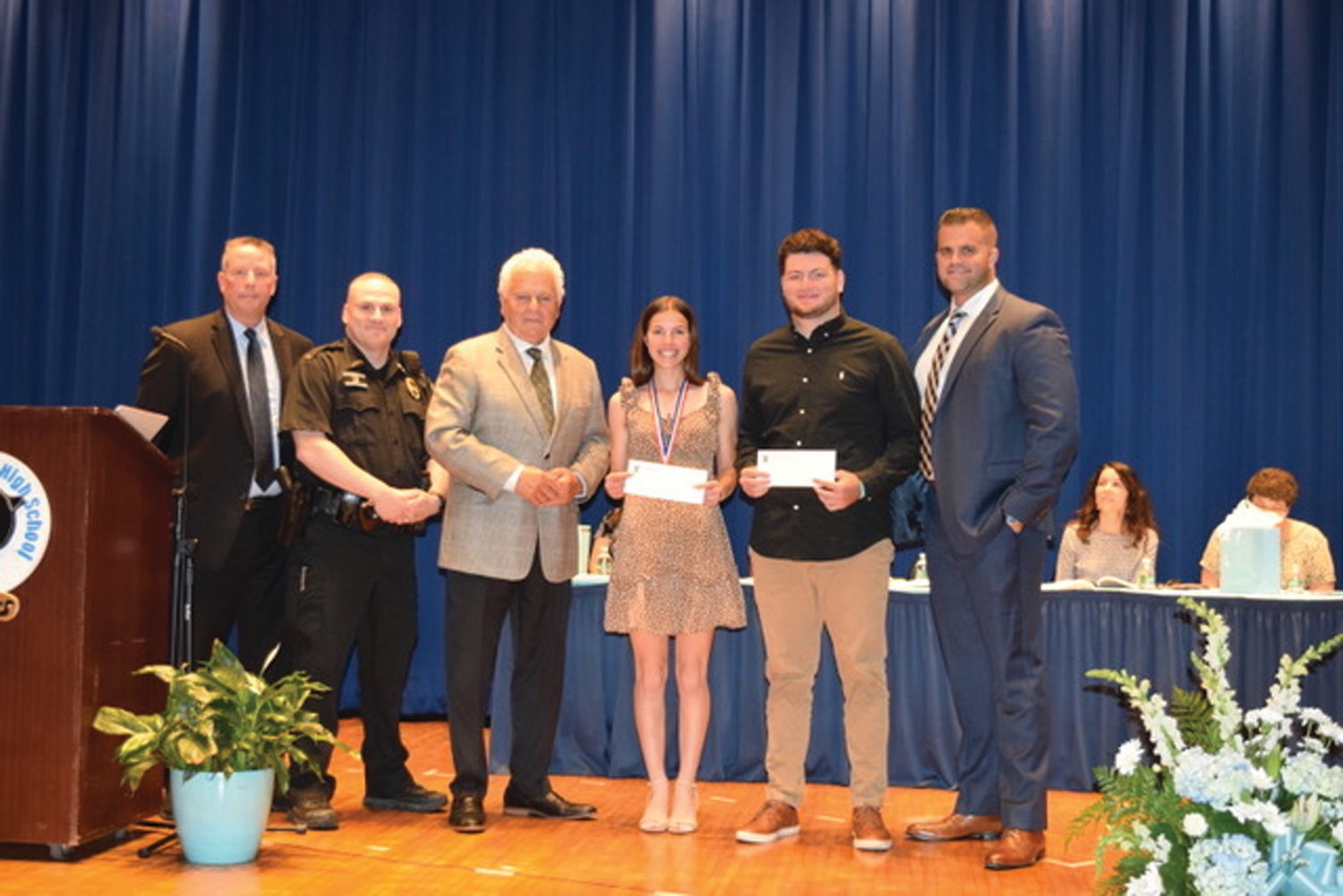 CHIEF’S CORNER: Now retired JPD Chief Richard S. Tamburini had the honor of presenting a scholarship in his name to JHS seniors Emily Iannuccilli and Ryan Schino during last Thursday’s Senior Honors Awards Night. They’re joined by Local 307 President Detective James Seymour, Lt. David Loffler and School Resource Officer Louis Cotoia.